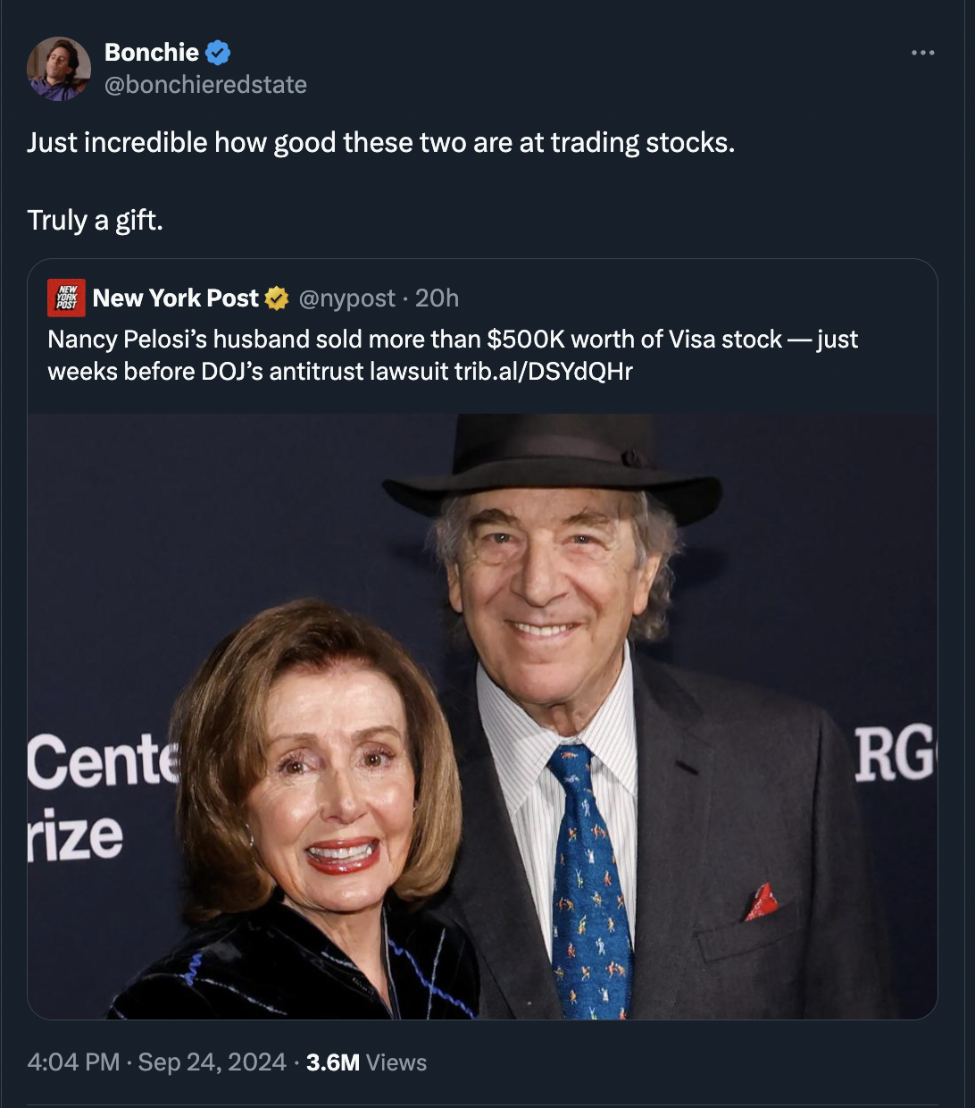 paul pelosi - Bonchie Just incredible how good these two are at trading stocks. Truly a gift. New York Post . 20h Nancy Pelosi's husband sold more than $ worth of Visa stockjust weeks before Doj's antitrust lawsuit trib.alDSYdQHr Cente rize 3.6M Views Rg